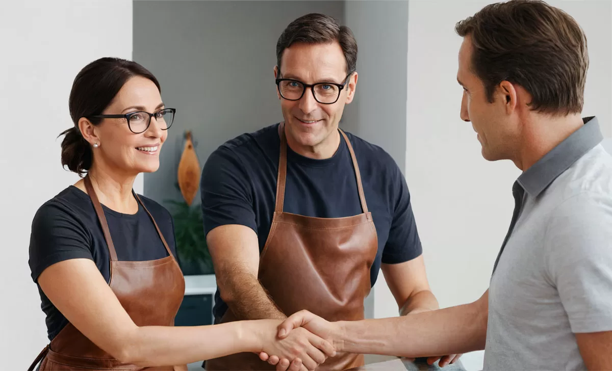 uśmiechnięci ludzie w rzemieślniczych skórzanych fartuchach podający ręce klientowi