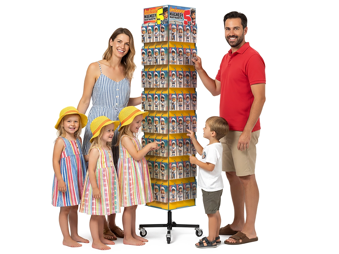 szczęśliwa rodzina z ekspozytorem z pamiątkami